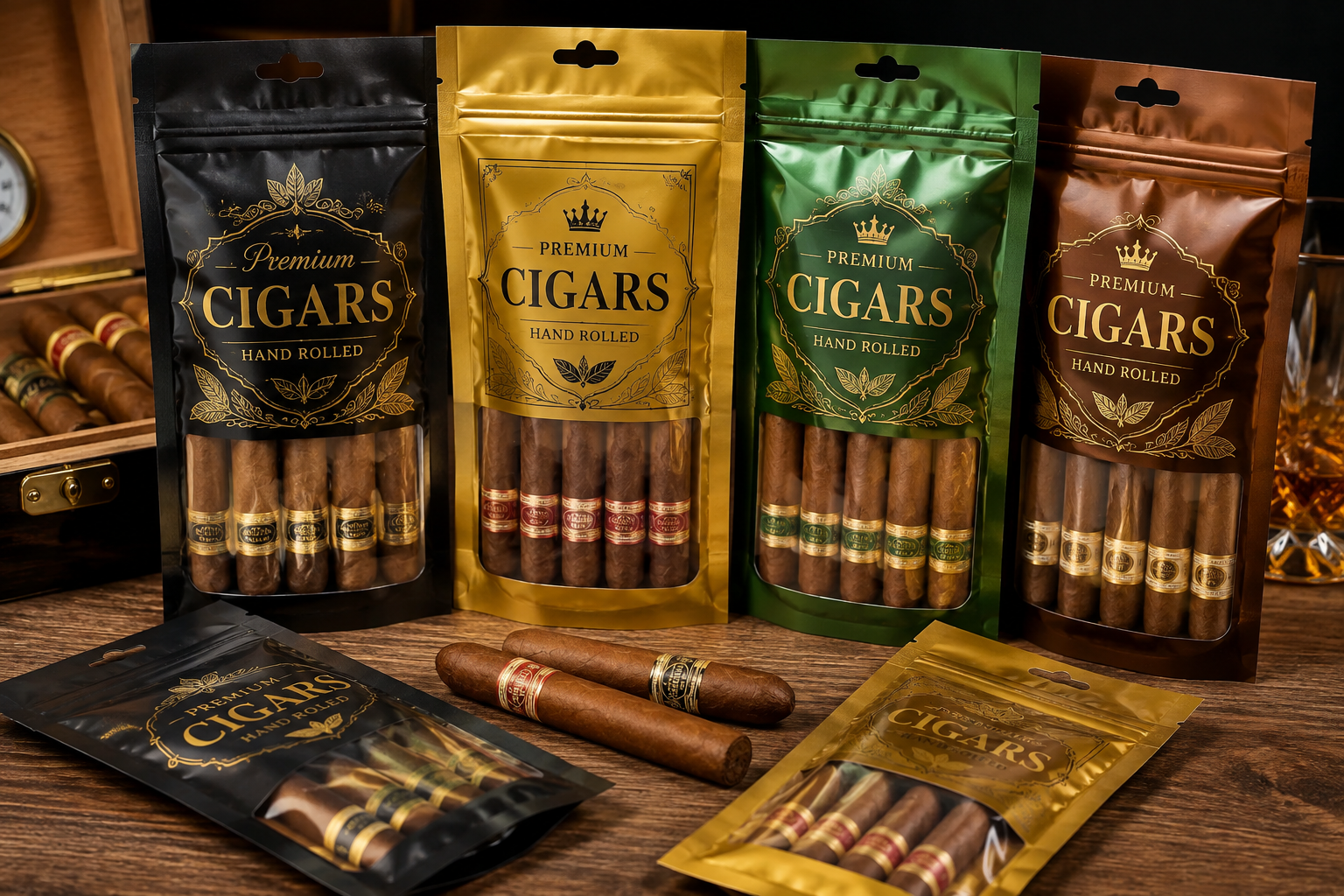 Custom cigar Mylar bags designed for durable and protective packaging.