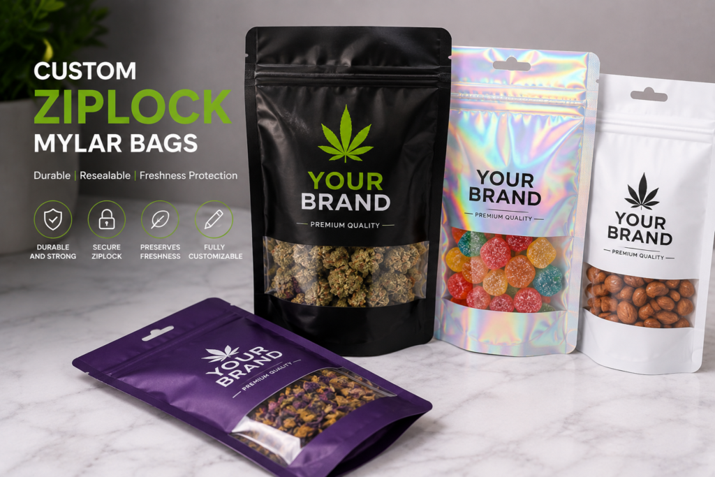 Custom Ziplock Mylar Bags with resealable closure, durable material, and premium product packaging design.