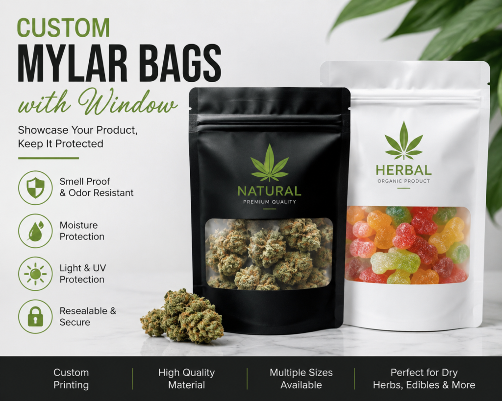 Custom Mylar Bags with Window for attractive product display and protective packaging
