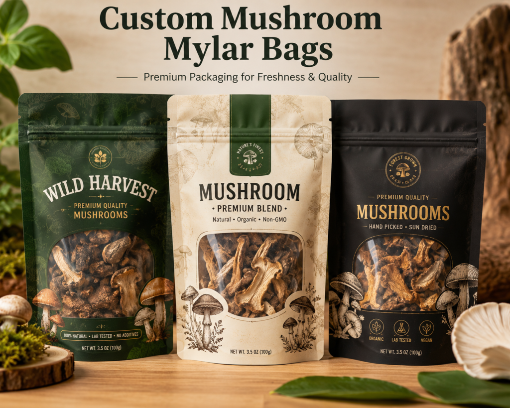 Custom mushroom mylar bags with durable, resealable packaging for mushroom products